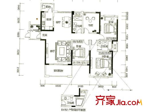 方直東岸T13號樓B2戶型 4室2廳2衛(wèi)1廚