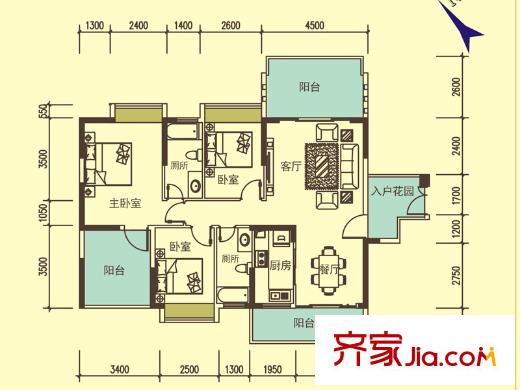 寶麒花園一期B3戶型 3室2廳2衛(wèi)1廚