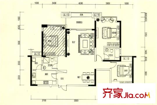 方直東岸T21-T28棟E3/D3/G3/H3戶型 3室2廳2衛(wèi)1廚