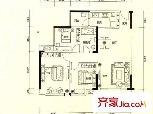 方直東岸T3&T5&T6&T7號樓F3/F4戶型 3室2廳1衛(wèi)1廚