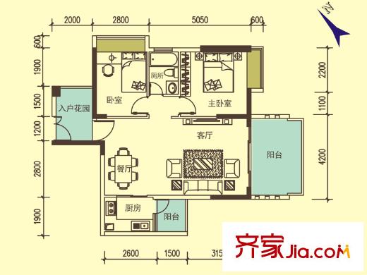 寶麒花園一期A2戶(hù)型 2室1廳1衛(wèi)1廚