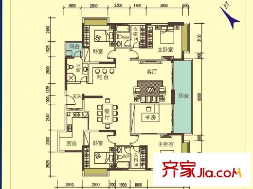 寶麒花園一期D1戶型 5室2廳3衛(wèi)1廚