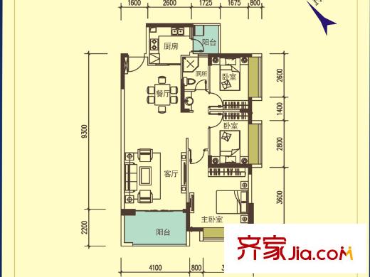 寶麒花園一期B1戶(hù)型 3室2廳1衛(wèi)1廚