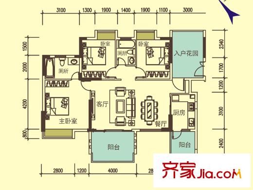 寶麒花園一期B2戶(hù)型 3室2廳2衛(wèi)1廚