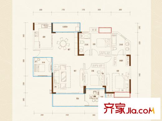 海錦御林苑二期二期4、5座04戶型 3室2廳2衛(wèi)1廚