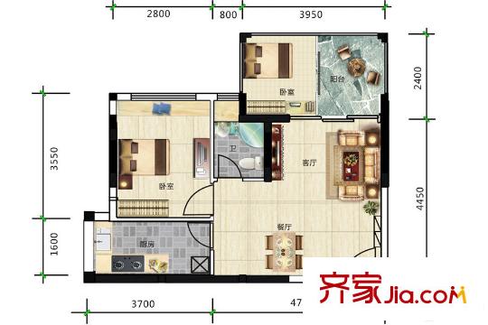 東家柒捌玖3/4棟01/05單元E戶型 1室2廳1衛(wèi)1廚