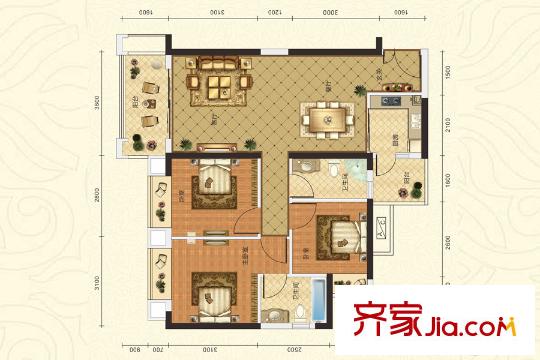 麗日君頤家園6棟標(biāo)準(zhǔn)層94平方米 02戶型 3室2廳2衛(wèi)1廚