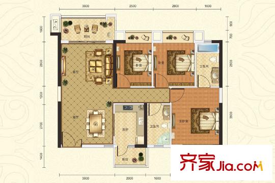 麗日君頤家園5棟標(biāo)準(zhǔn)層94平方米 03戶型 3室2廳2衛(wèi)1廚