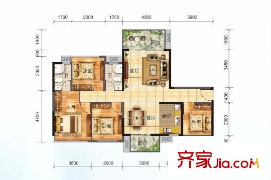 美麗洲一期22/23棟A1戶型 4室2廳2衛(wèi)1廚