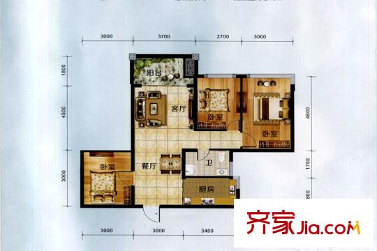 美麗洲二期2/3棟B1戶型 3室2廳1衛(wèi)1廚