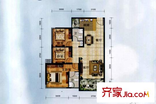 美麗洲二期2/3棟B2戶型 3室2廳2衛(wèi)1廚