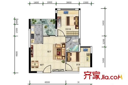 東家柒捌玖3/4棟06/09單元F戶型 2室2廳1衛(wèi)1廚