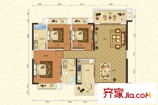 麗日君頤家園5棟標(biāo)準(zhǔn)層104平方米 02戶型 3室2廳2衛(wèi)1廚