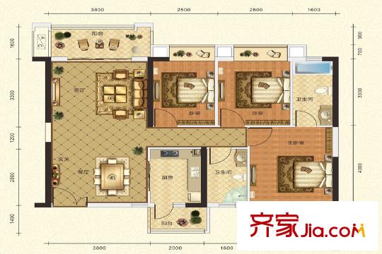 麗日君頤家園6棟標(biāo)準(zhǔn)層103平方米 03戶型 3室2廳2衛(wèi)1廚
