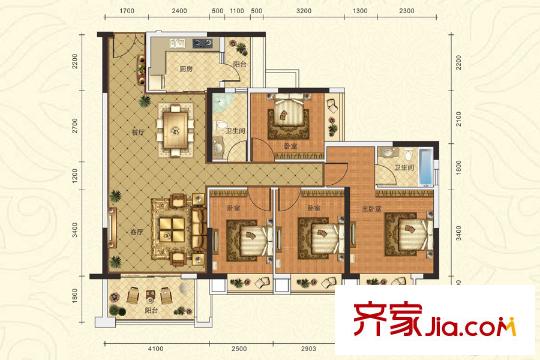 麗日君頤家園6棟標(biāo)準(zhǔn)層125平方米 04戶型 4室2廳2衛(wèi)1廚