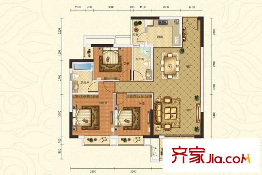 麗日君頤家園5棟標(biāo)準(zhǔn)層111平方米 01戶型 3室2廳2衛(wèi)1廚