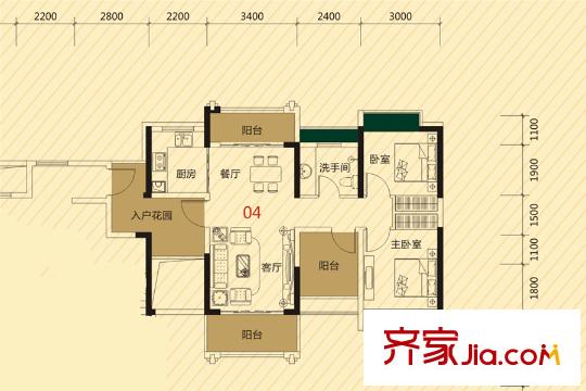 秋谷林海1棟一單元04戶型 2室2廳1衛(wèi)1廚
