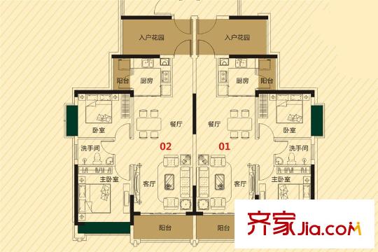 秋谷林海1棟二單元01/02戶型 2室2廳1衛(wèi)1廚