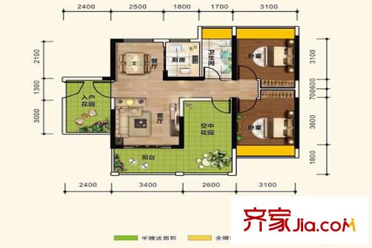 天源花園C3戶型 3室2廳1衛(wèi)1廚