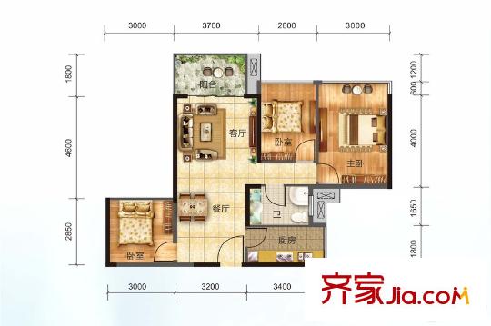 美麗洲一期22/23棟A2戶型 3室2廳1衛(wèi)1廚