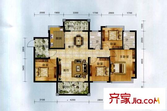 美麗洲二期2/3棟B4戶型 4室3廳2衛(wèi)1廚