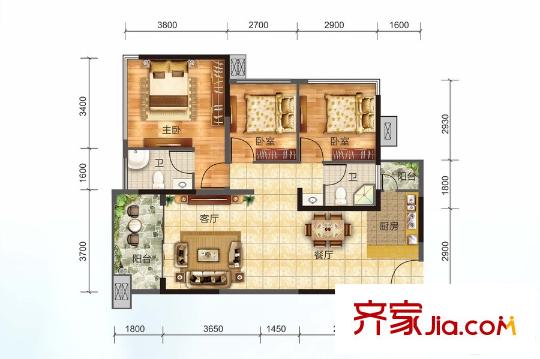 美麗洲一期22/23棟A3戶型 3室2廳2衛(wèi)1廚