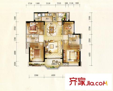中洲?中央公園B4戶型 4室2廳2衛(wèi)1廚