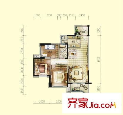 中洲?中央公園B3戶型 3室2廳1衛(wèi)1廚