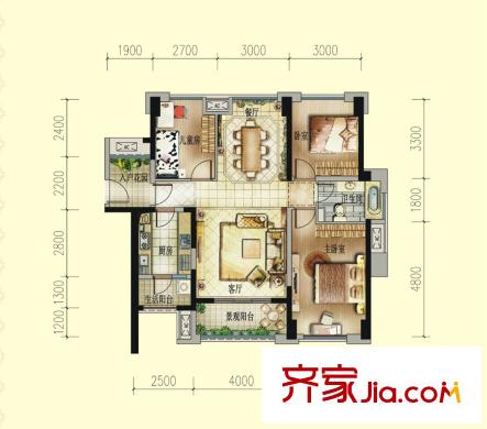 中洲?中央公園D2戶型 3室2廳1衛(wèi)1廚