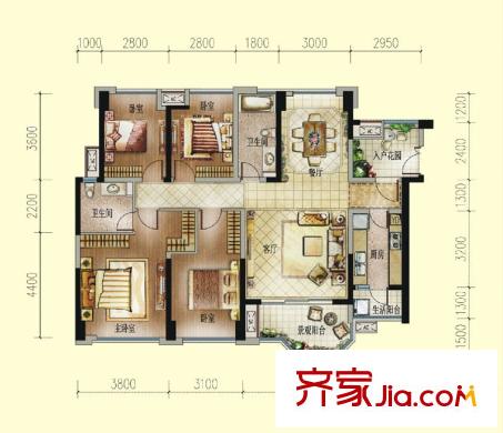中洲?中央公園C2戶型 4室2廳2衛(wèi)1廚