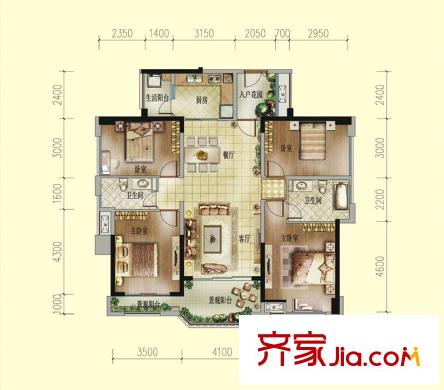 中洲?中央公園A1戶型 4室2廳2衛(wèi)1廚