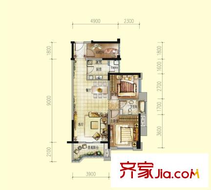 中洲?中央公園D1戶型 2室2廳1衛(wèi)1廚