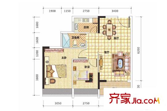 泰達(dá)紅樹(shù)灣2棟B戶型 2室2廳1衛(wèi)1廚
