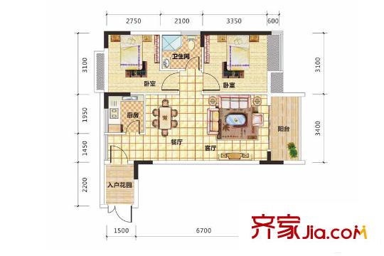泰達(dá)紅樹(shù)灣2棟E戶型 2室2廳1衛(wèi)1廚