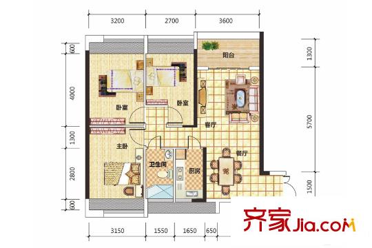 泰達(dá)紅樹(shù)灣2棟A戶型 3室2廳1衛(wèi)1廚