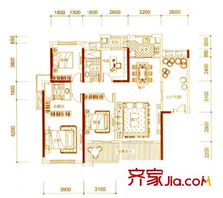 方直瓏湖灣別墅戶型圖A1戶型 4室2廳2衛(wèi)