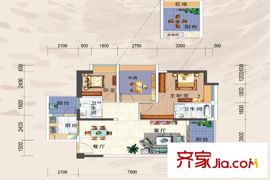 日盛天鉆09戶型 3室2廳2衛(wèi)1廚