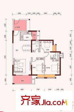 泰宇?城市中央1-12棟B戶型 3室2廳2衛(wèi)1廚