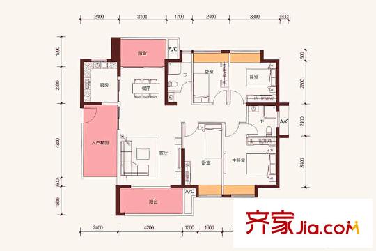 泰宇?城市中央1-12棟E戶型 4室2廳2衛(wèi)1廚