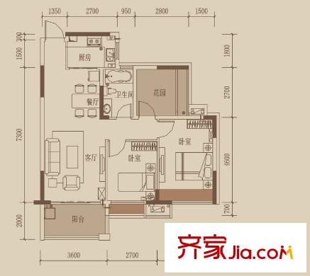 半山名苑別墅戶型圖小腕洋房A戶型 2室2廳1衛(wèi)1廚