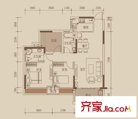 半山名苑別墅戶型圖小腕洋房B戶型 22室2廳2衛(wèi)1廚