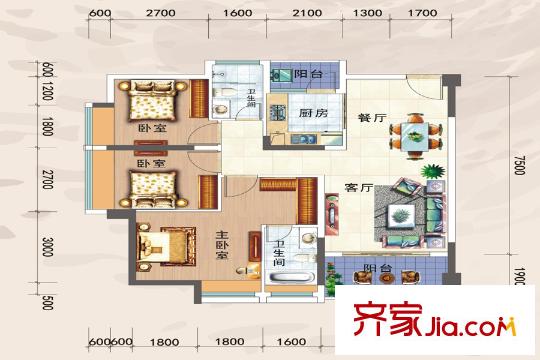 日盛天鉆01戶型 3室2廳2衛(wèi)1廚