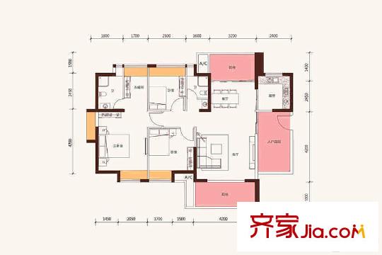 泰宇?城市中央1-12棟D戶型 3室2廳2衛(wèi)1廚