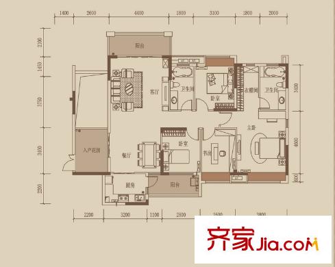 半山名苑別墅戶型圖小腕洋房D戶型 4室2廳2衛(wèi)1廚