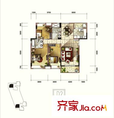 萬林湖別墅戶型圖和院三組團(tuán)J區(qū)D2戶型 3室2廳2衛(wèi)1廚