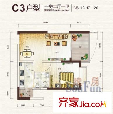 中天彩虹城 1室 戶型圖
