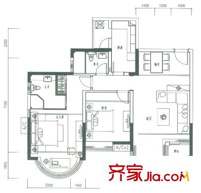 合生愉景灣公寓A戶型朝南 2室2廳2衛(wèi)
