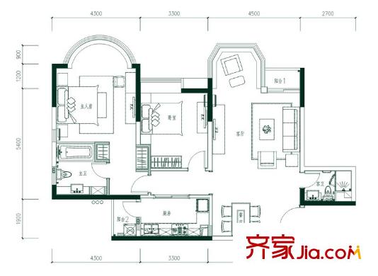 合生愉景灣05/08戶型 2室2廳2衛(wèi)1廚