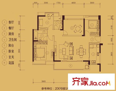 萬(wàn)科金域華庭戶型圖一期四組團(tuán)悅水居2DE號(hào)樓03號(hào)3+1房戶型 3室2廳2衛(wèi)