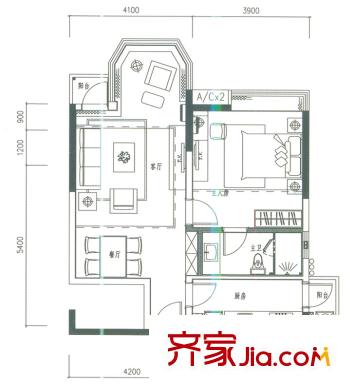 合生愉景灣公寓C戶型 1室1廳1衛(wèi)